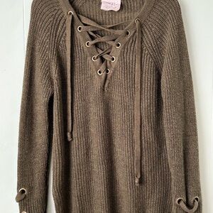 Sadie&Love Brown Crew Neck Sweater with Lace-Up Detail